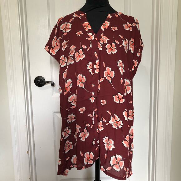 Alfani Women's Blouse Top Split Neck Short‎ Sleeve Floral Maroon Size XL NWT - Picture 2 of 8